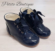 Load image into Gallery viewer, Navy patent lace boots