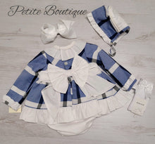 Load image into Gallery viewer, Spanish blue/white check bow tie dress, pants &amp; bonnet set